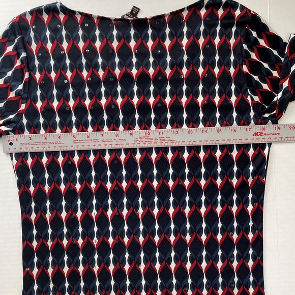Anne Klein New York Silk Print Short Sleeve Stretch Top Size M Red Blue Sequins - Picture 8 of 15